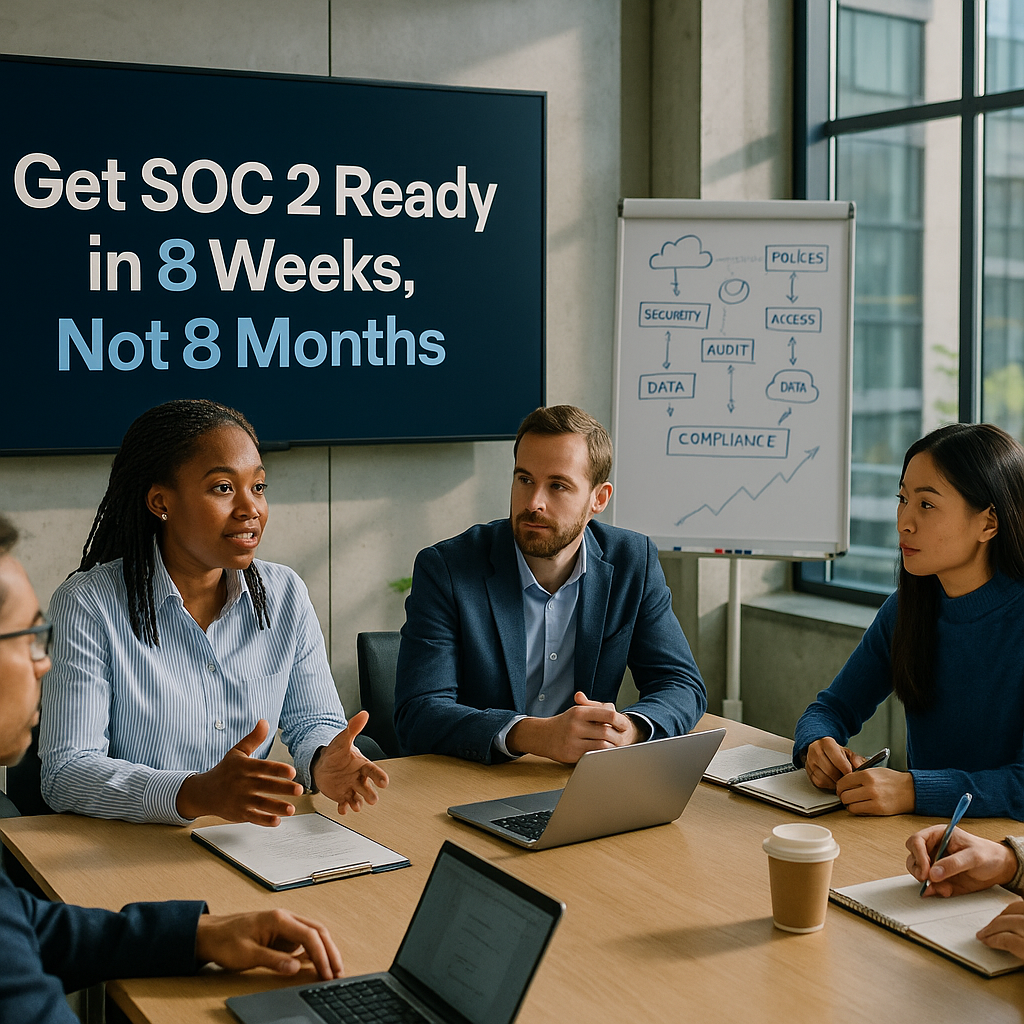 The image depicts a sleek modern office environment with a diverse team of professionals engaged in a collaborative meeting A large screen displays the text Get SOC 2 Ready in 8 Weeks Not 8 Months in bold letters emphasizing urgency and efficiency Th